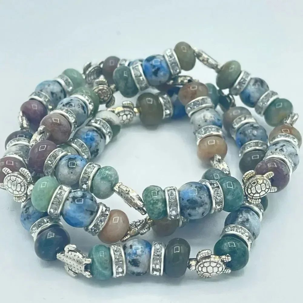 Sea Turtle India agate K2 beaded stretch bracelet ONE NEW crystal reiki yoga med